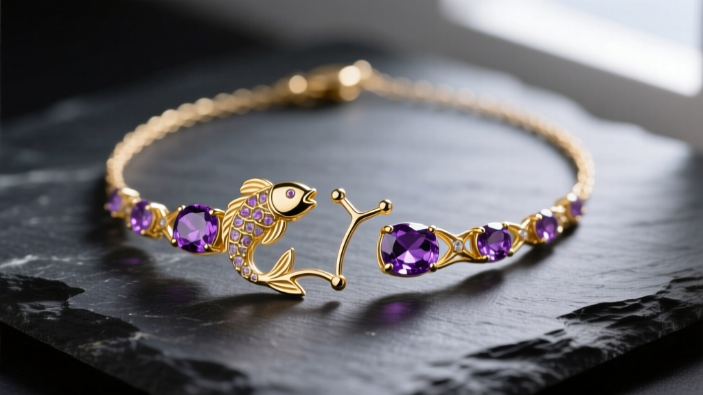 Close-up of a 14k gold Pisces constellation necklace with bezel-set amethyst stones on dark slate, studio lighting