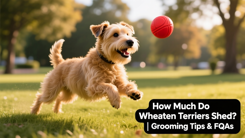 Happy Wheaten Terrier playing fetch in a grassy park, coat gleaming and free of mats or tangles