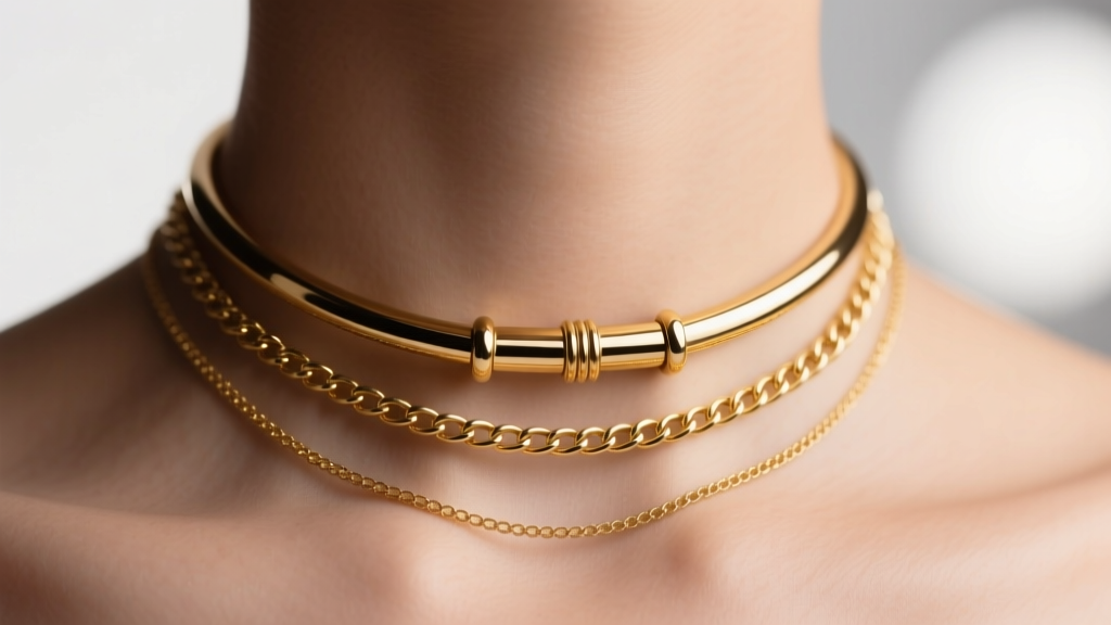 Close-up of a neck wearing three layered gold chains joined by a sleek cylindrical multi-strand tube clasp in soft studio lighting.