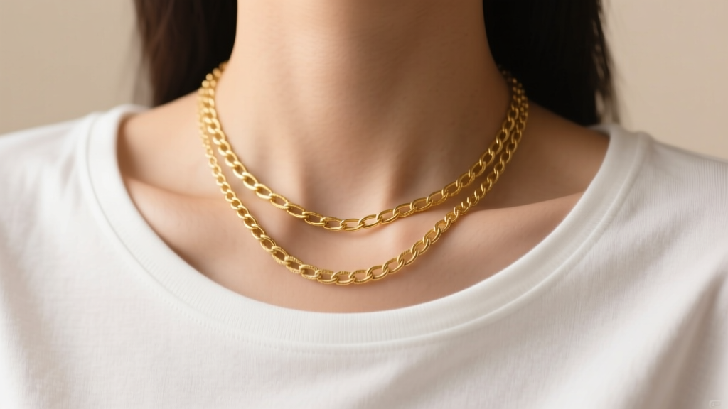 Close-up of a collarbone showing an 18-inch 14k gold sister pendant necklace layered over a simple white crew-neck cotton t-shirt