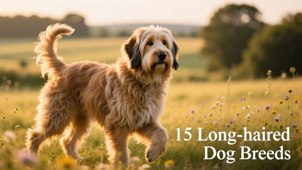 A Briard standing proudly outdoors, its thick, wavy double coat glistening in sunlight, with fur partially covering expressive eyes and drooping ears