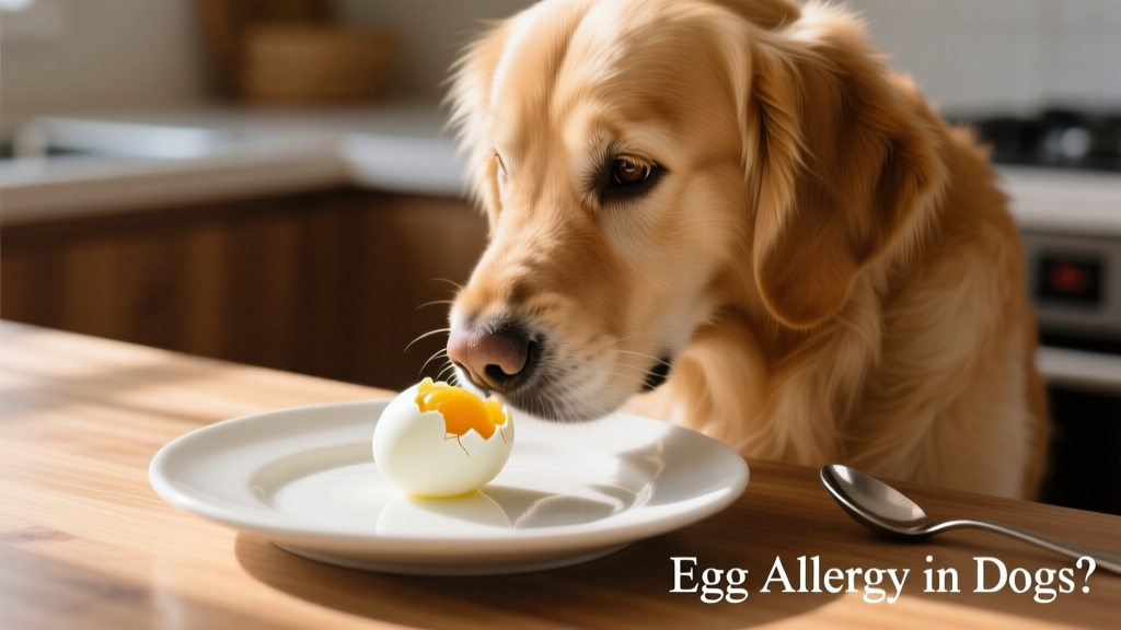 Close-up of a dog gently sniffing a boiled egg on a plain plate, illustrating the everyday presence of eggs in canine diets