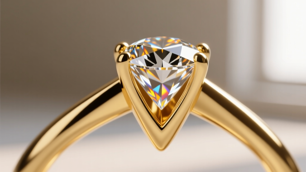 Macro view of a diamond tip secured inside a V-shaped prong setting made of polished 18k yellow gold on a jeweler's workbench