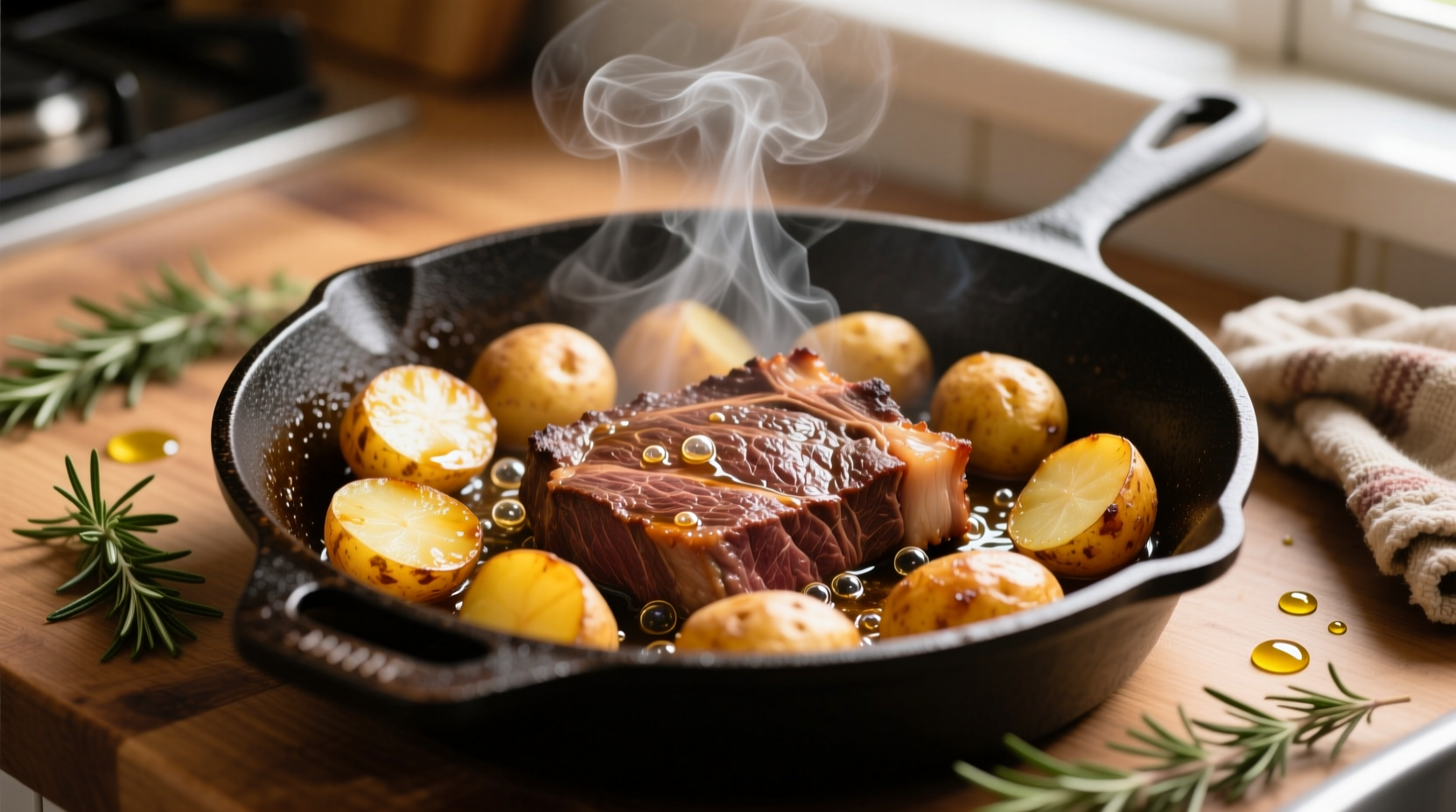 Cast iron skillet with sizzling beef and golden potatoes