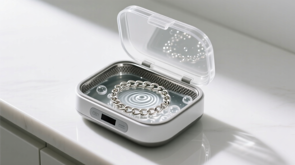 Small ultrasonic jewelry cleaner with warm soapy water and a steel mesh basket holding a tangled silver puzzle chain