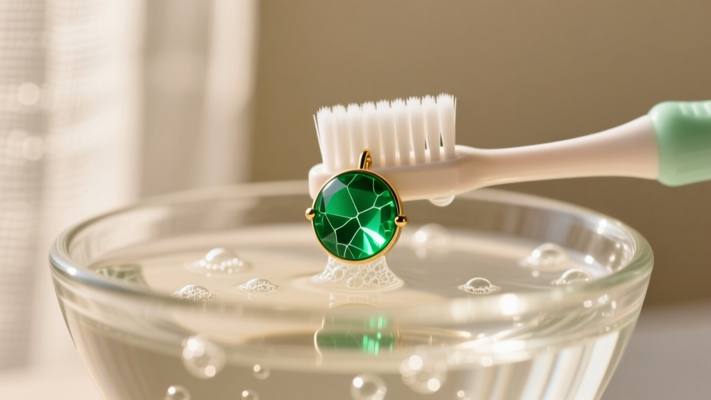 Close-up of a soft baby toothbrush gently scrubbing a green prehnite stud earring submerged in a glass bowl of warm soapy water