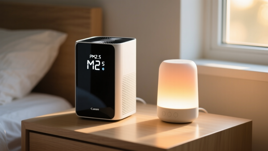 Close-up of a smart air purifier displaying real-time PM2.5 levels on its digital interface next to a bedside dawn simulator lamp.