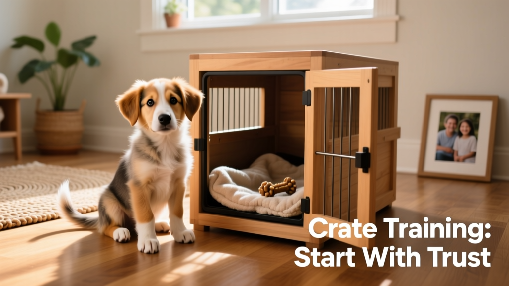 A curious puppy sitting beside their crate, looking relaxed and unafraid, with the door wide open