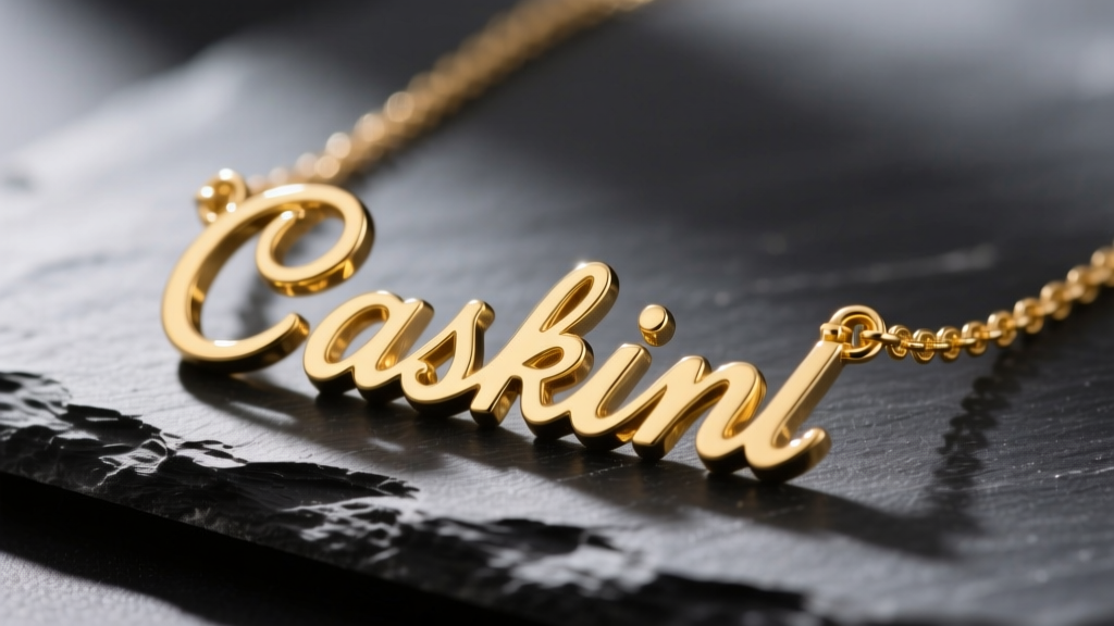 Close-up of a 14k yellow gold custom name necklace on dark slate, highlighting laser-cut cursive lettering and a polished finish.