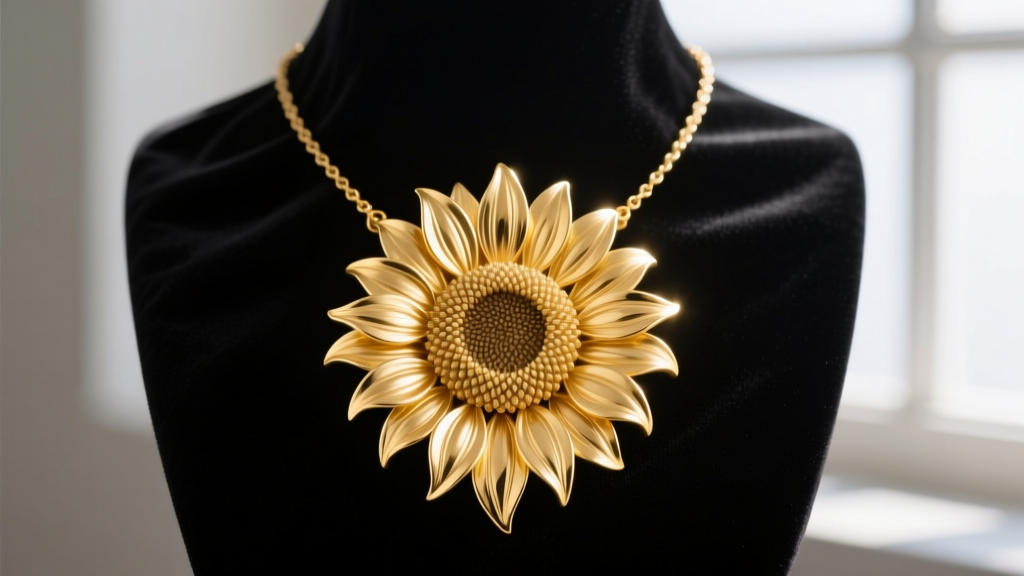 Solid 14k yellow gold sunflower necklace on dark velvet, highlighting the textured seed head and delicate sculpted petals.