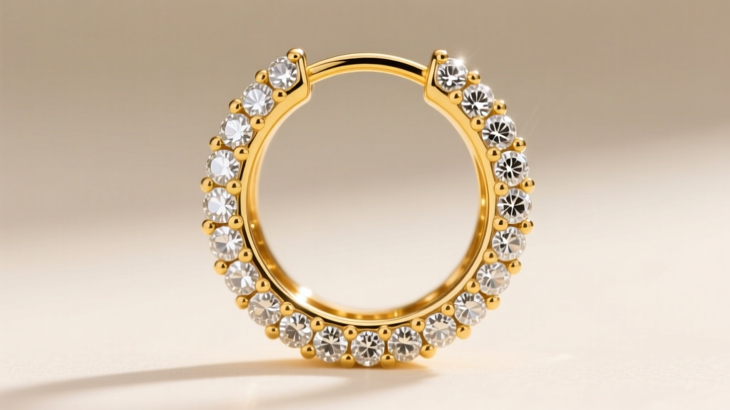Macro shot of a bead-set micro-pave diamond hoop edge showing tiny metal beads holding melee stones against polished yellow gold.