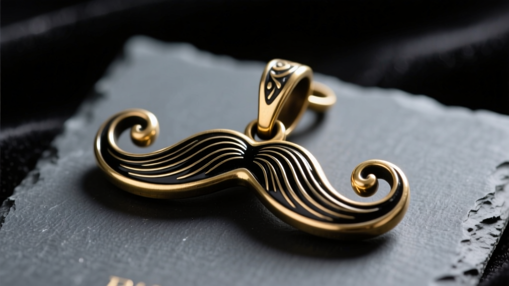 Macro shot of a vintage brass handlebar moustache pendant with black enamel on dark slate, lit to highlight curled tips.