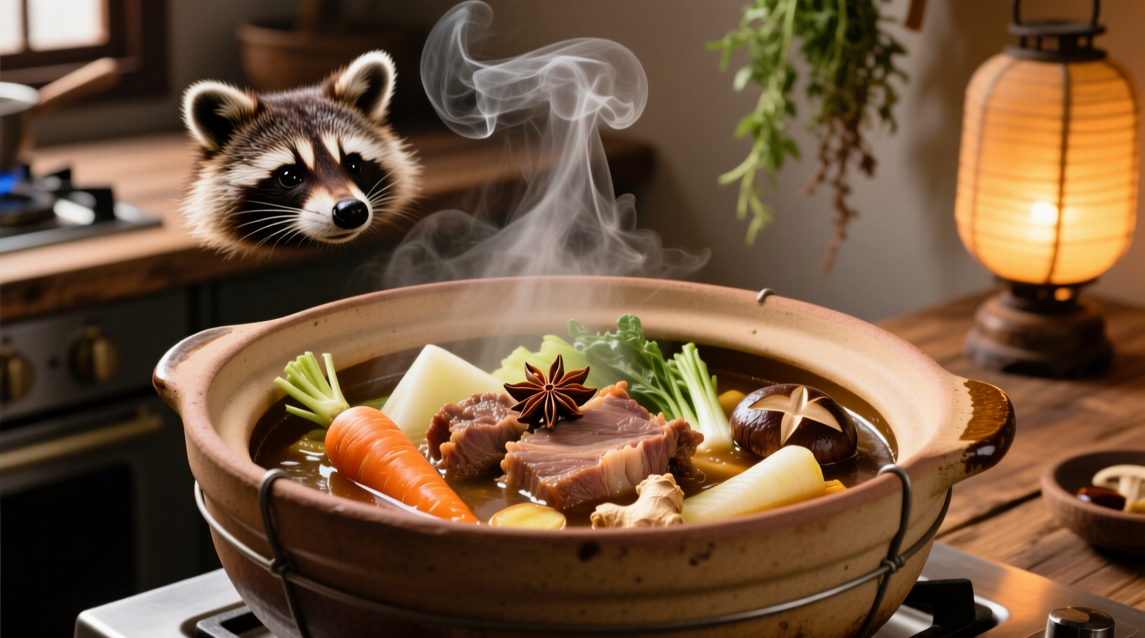Raccoon meat prepared in a traditional stew pot with vegetables