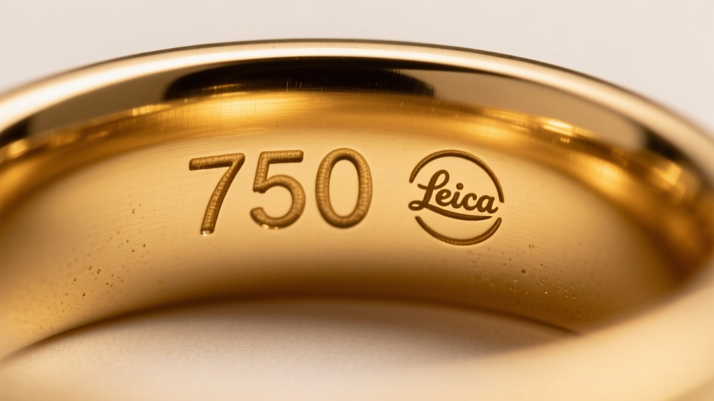 Extreme macro shot of a gold ring inner band, sharply focusing on the stamped 750 purity mark and a tiny registered makers logo.