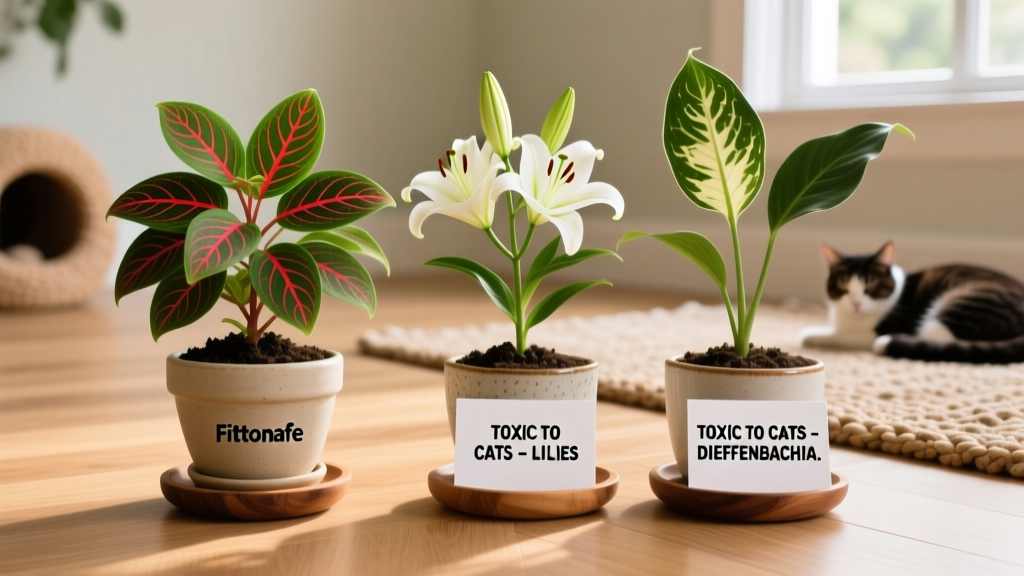 Side-by-side comparison: safe Fittonia plant next to clearly labeled toxic plants like lilies and dieffenbachia