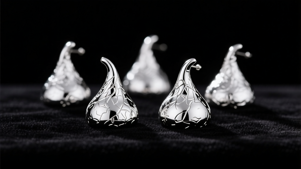 Sterling silver Hershey Kisses earrings resting on dark velvet, soft studio lighting highlighting the metallic teardrop sheen