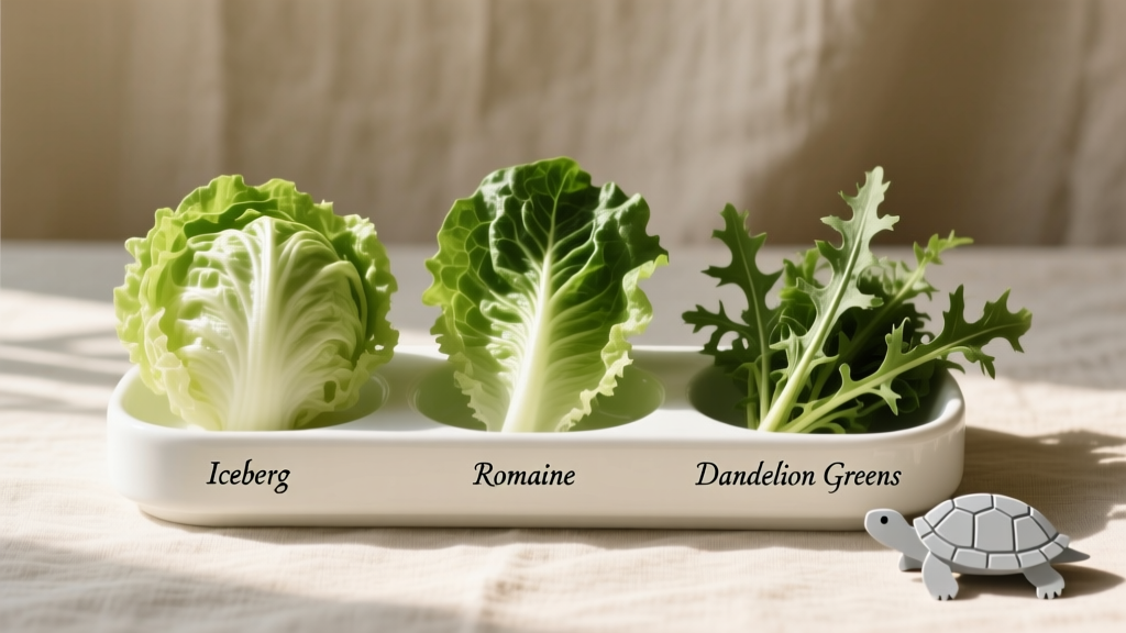 Side-by-side comparison of iceberg lettuce, romaine, and dandelion greens on a clean feeding tray