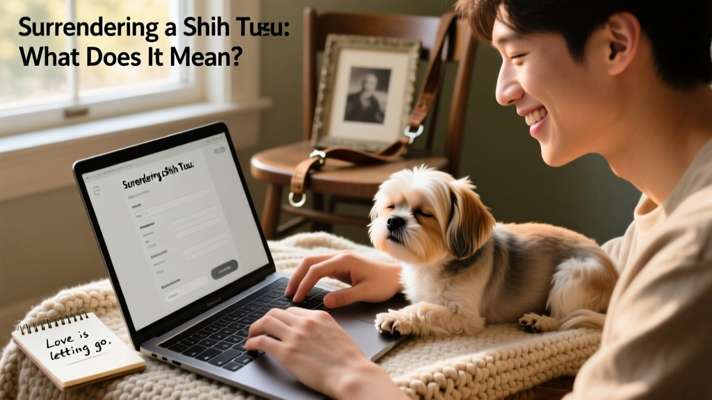A person smiling while filling out a pet profile on a laptop, with a Shih Tzu resting beside them