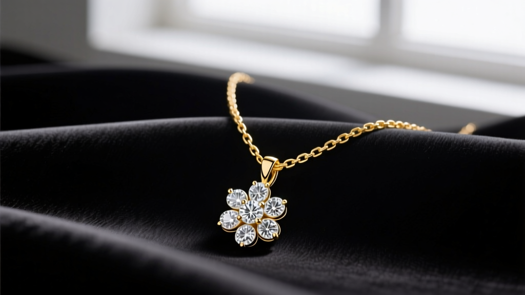 A 1.0mm 18k yellow gold box chain threading through a hidden bail on a diamond flower pendant necklace, resting on dark silk.