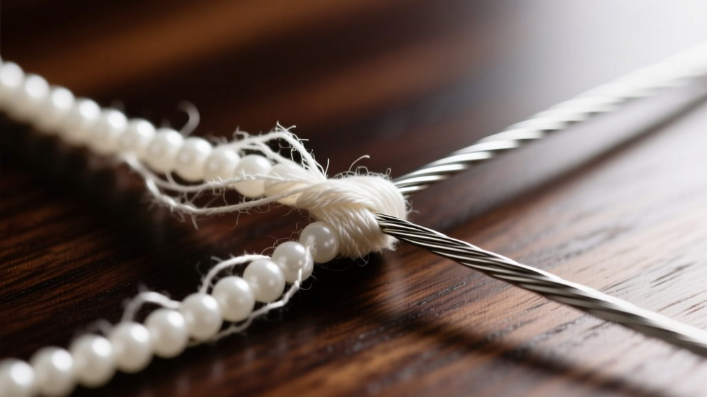 Macro close-up of frayed white silk beading thread next to pristine stainless steel wire on a dark wooden jeweler's workbench