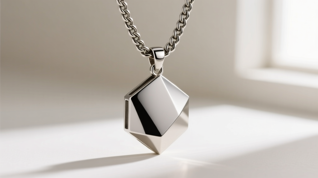 Heavy pendant on thick chain secured by titanium safety clasp for necklace, photographed in soft, diffused natural window light.