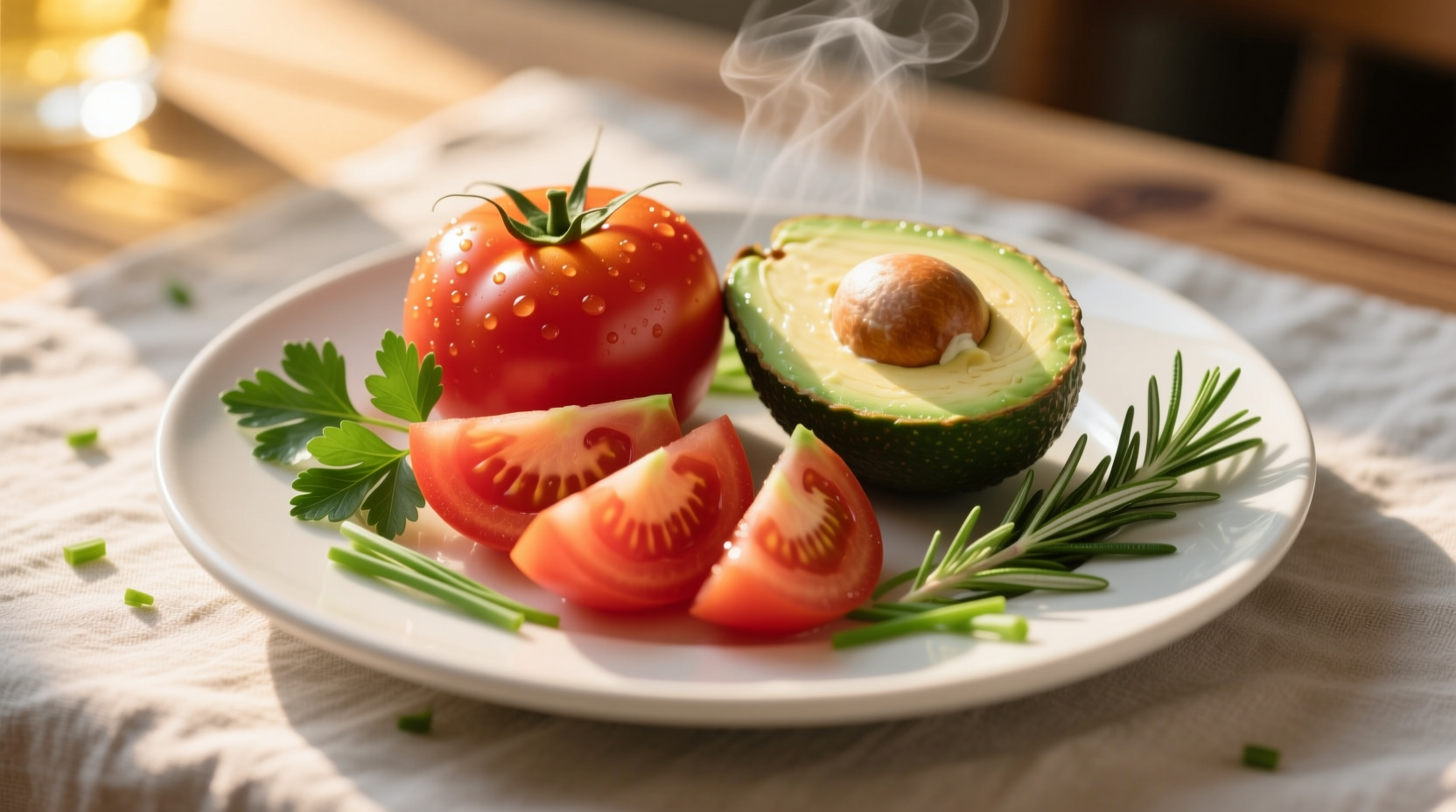 Fresh tomato breakfast plate with avocado and herbs