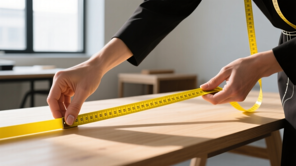 Hands using a flexible yellow fiberglass tailor's measuring tape around a man's neck to determine the ideal necklace base size