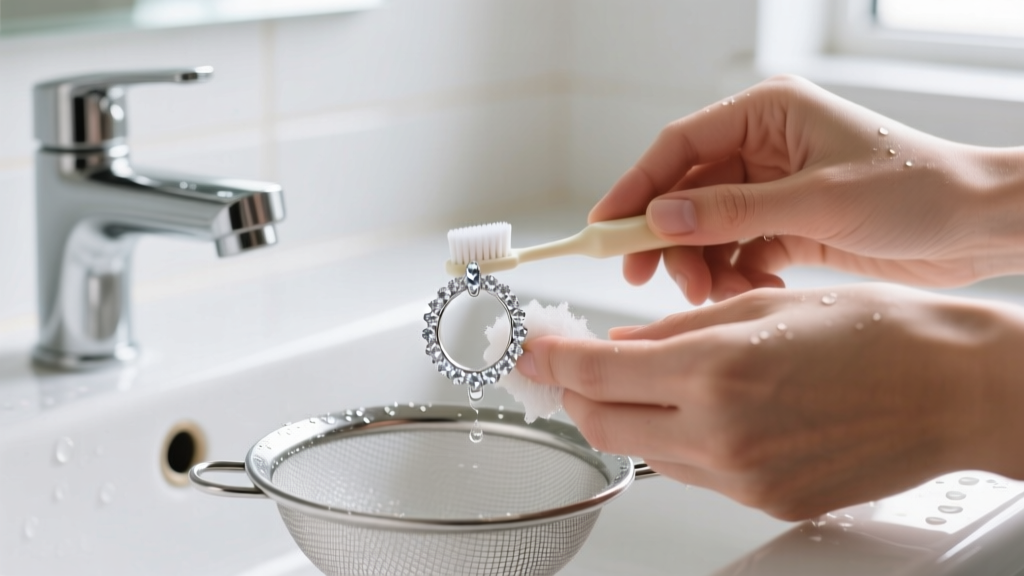 Hands gently scrubbing a diamond hoop earring with an extra-soft baby toothbrush over a mesh strainer in a bright bathroom sink.