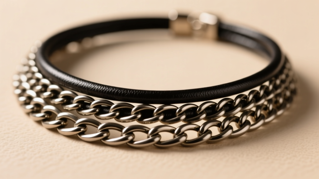 Macro shot of a 4mm gunmetal Cuban link chain layered with a matte black leather cord necklace against a soft, neutral backdrop.