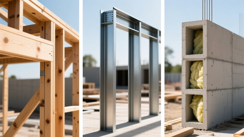 Construction site split-view comparing wood framing, cold-formed steel studs, and insulated concrete forms in bright daylight.