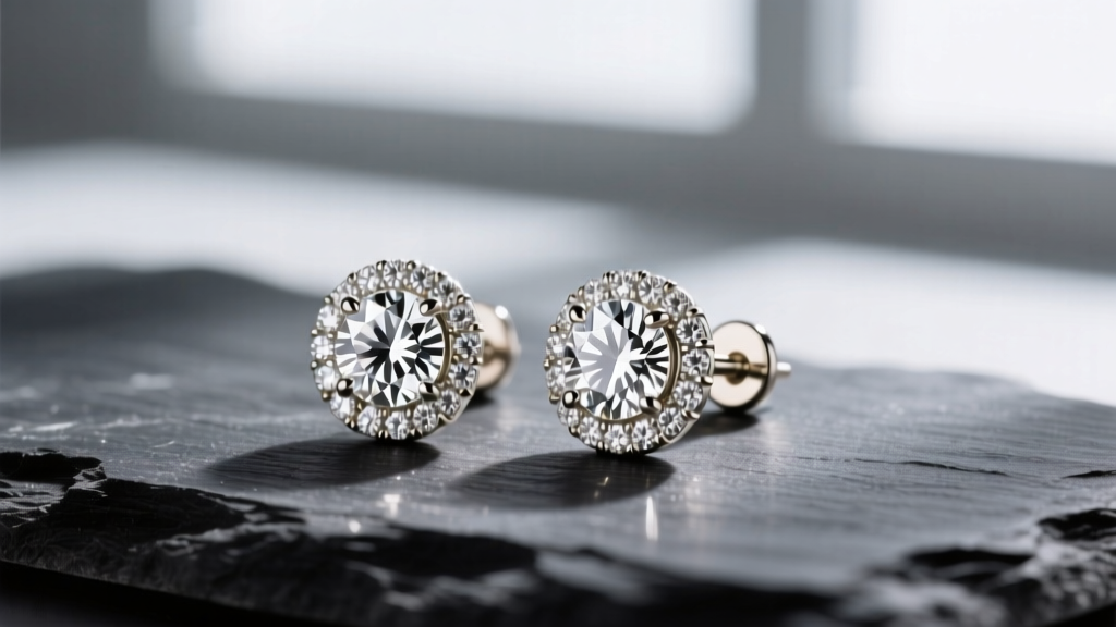 Close-up of 14k white gold cluster stud earrings with a central round diamond and melee halo resting on textured dark slate.