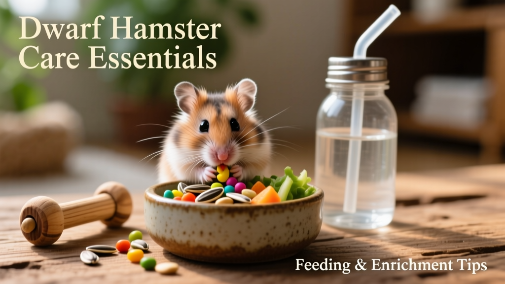A dwarf hamster eating from a ceramic food bowl filled with colorful pellets, seeds, and small veggie pieces, next to a water bottle and chew toy