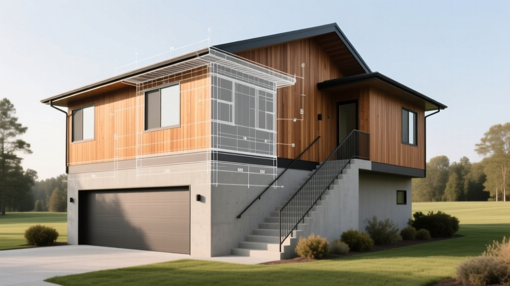 Architectural blueprint overlay on a finished two-story garage apartment with cedar siding and a private exterior staircase