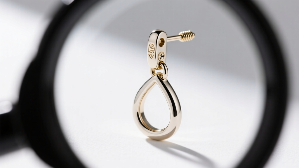 Loupe view of a 14k white gold drop earring joint, revealing the jump ring connection and a secure threaded screw-back post.