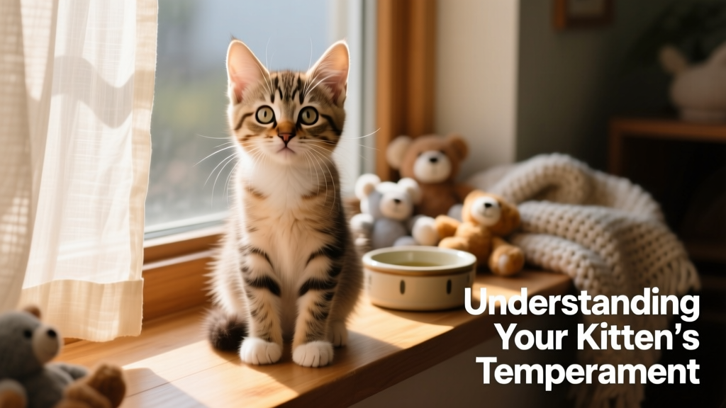 A curious, alert kitten sitting upright and looking directly at the camera