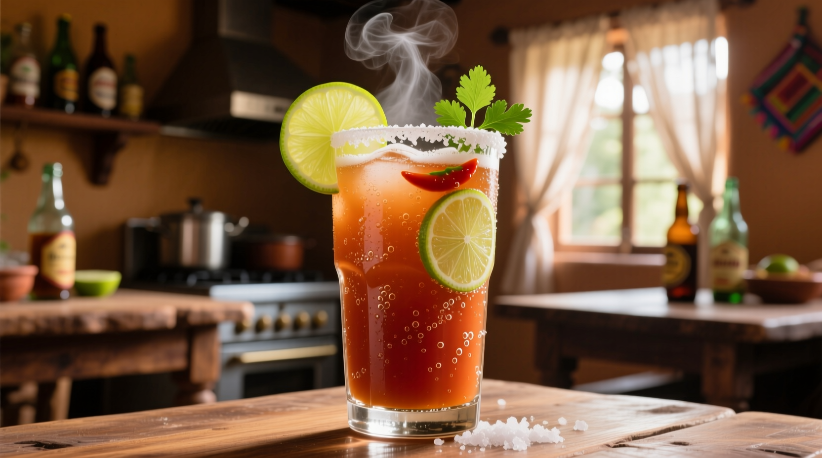 Traditional Michelada in salt-rimmed glass with lime wedge