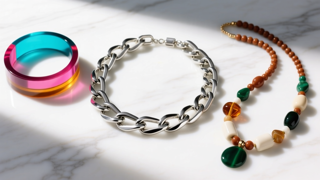Flat lay of three statement necklaces: a heavy silver chain, a colorful resin collar, and a beaded lariat on white marble.