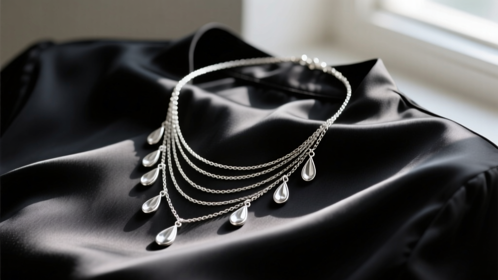 Close-up of a layered silver drop necklace on a black silk blouse, showcasing the contrast between bright metal and dark fabric