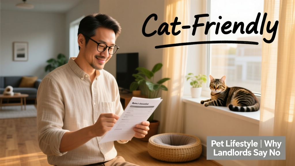 A friendly, professional-looking person reviewing a rental application checklist with 'Cat-Friendly' highlighted, alongside a small photo of a relaxed cat