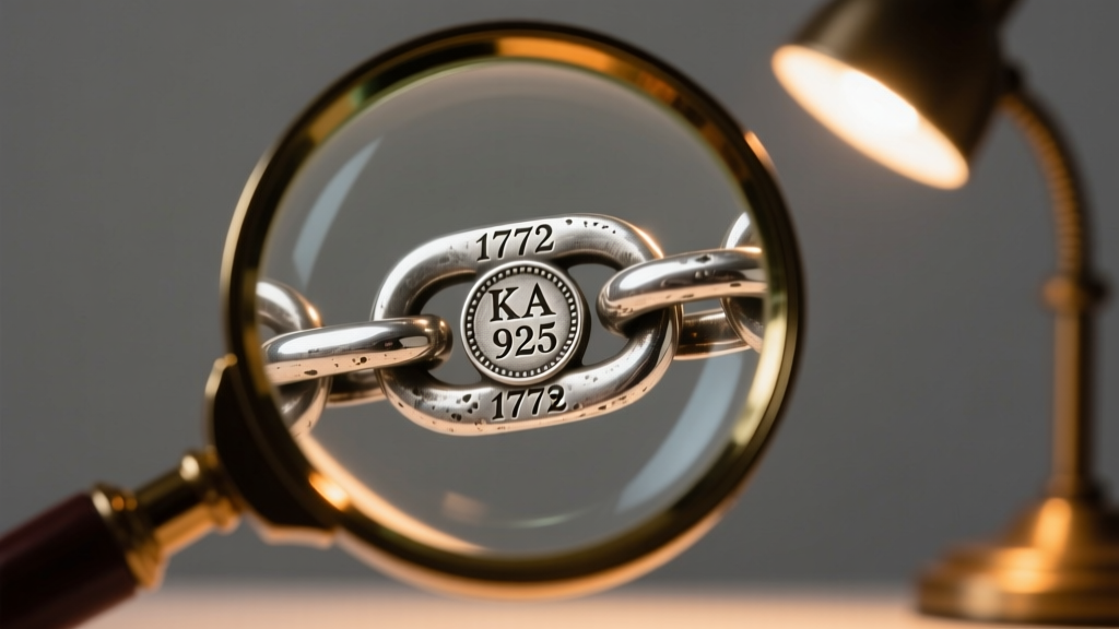 A 10x loupe examining KA 1772 and 925 stamps on a vintage sterling silver chain link, illuminated by a warm directional desk lamp.