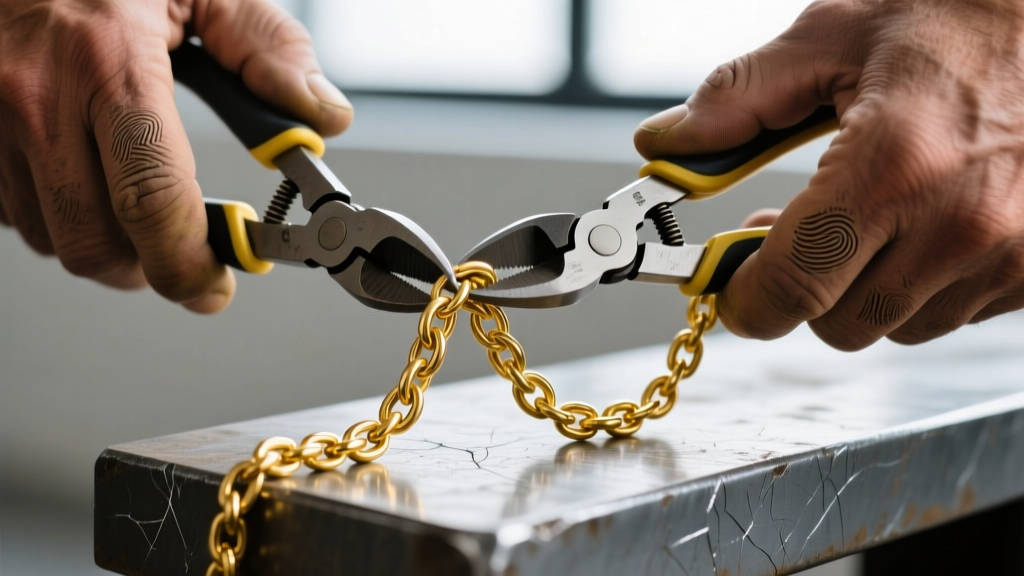 Close-up of hands using flush cutters to snip an 18-karat yellow gold cable chain link on a scratched steel bench block.