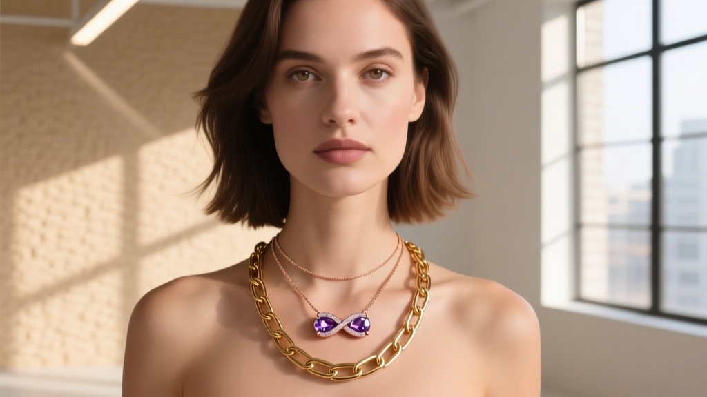 Woman wearing a layered stack with a delicate infinity birthstone pendant on a cable chain alongside a thick gold paperclip chain