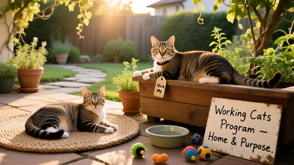 Lucy and Linus relaxing near a sunlit patio in Leah Cullen's backyard