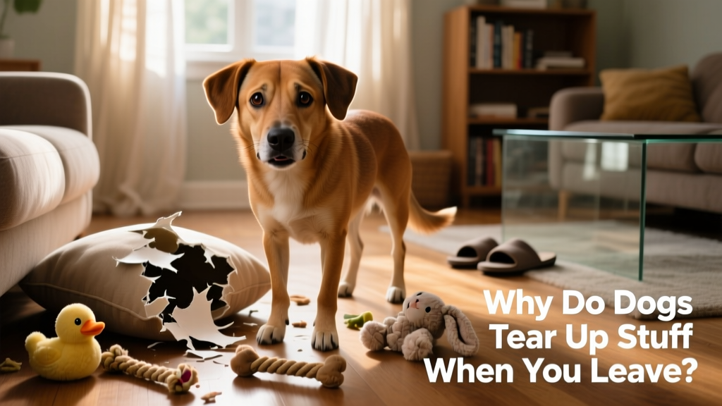 A dog looking anxious near a chewed-up sofa cushion and scattered toys