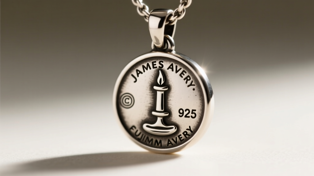 Macro photography of a vintage James Avery pendant back showing the candlestick logo, copyright symbol, and 925 silver stamp