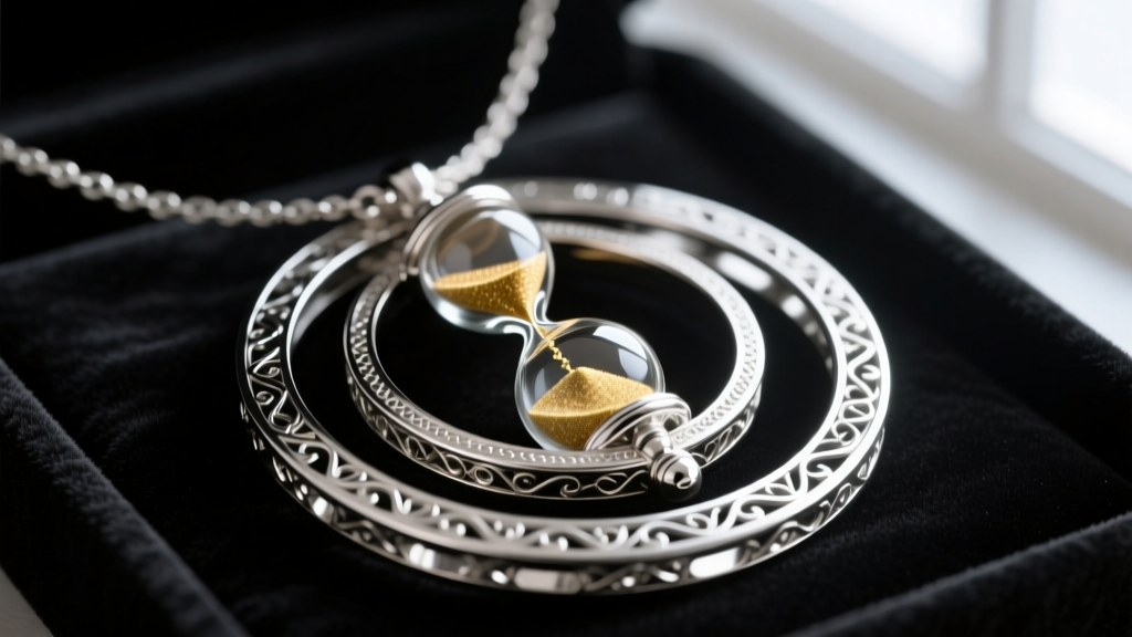 Macro shot of a sterling silver time turner necklace on black velvet, highlighting concentric rings and a central glass hourglass.
