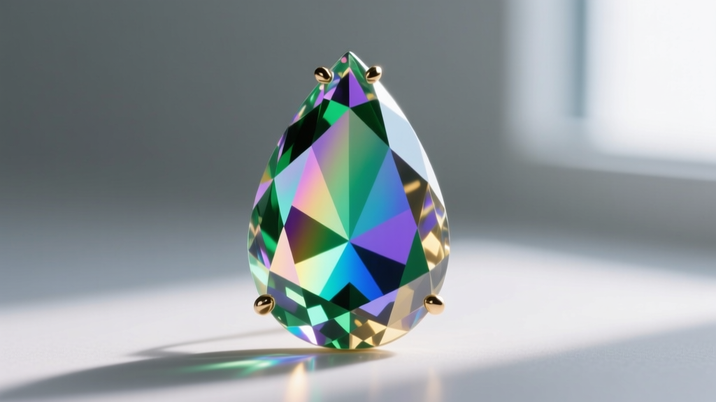 Macro shot of Aurora Borealis coated Austrian crystal teardrop earring showing iridescent rainbow reflections on precise facets.