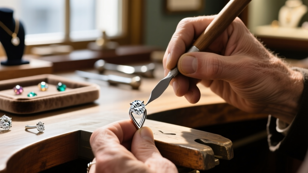 Macro shot of a master jeweler using a graver tool to tighten a platinum V-prong around a pear-shaped diamond in a sunlit shop.