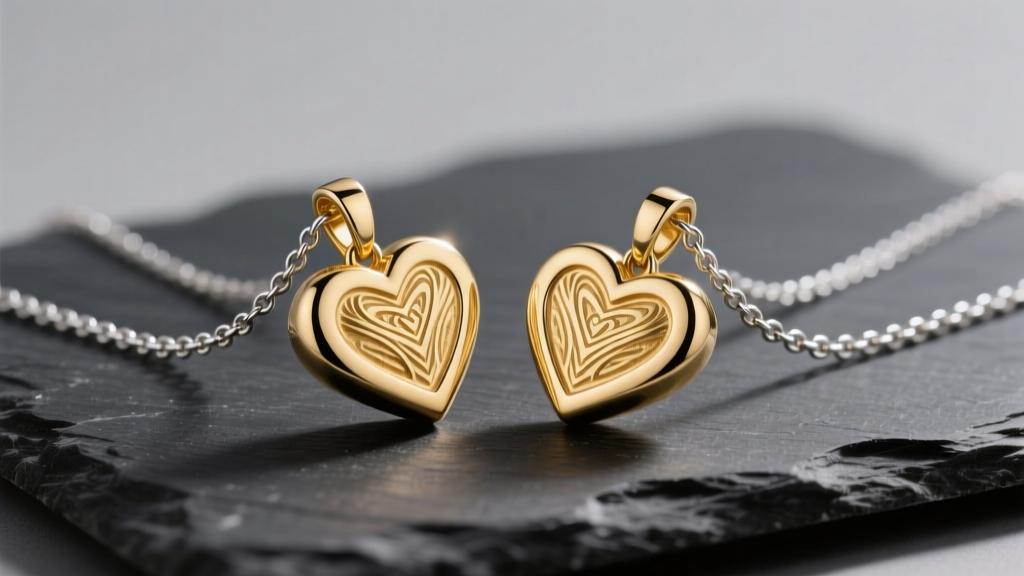 Two identical 14k gold interlocking heart pendants on delicate chains resting on dark slate under soft lighting