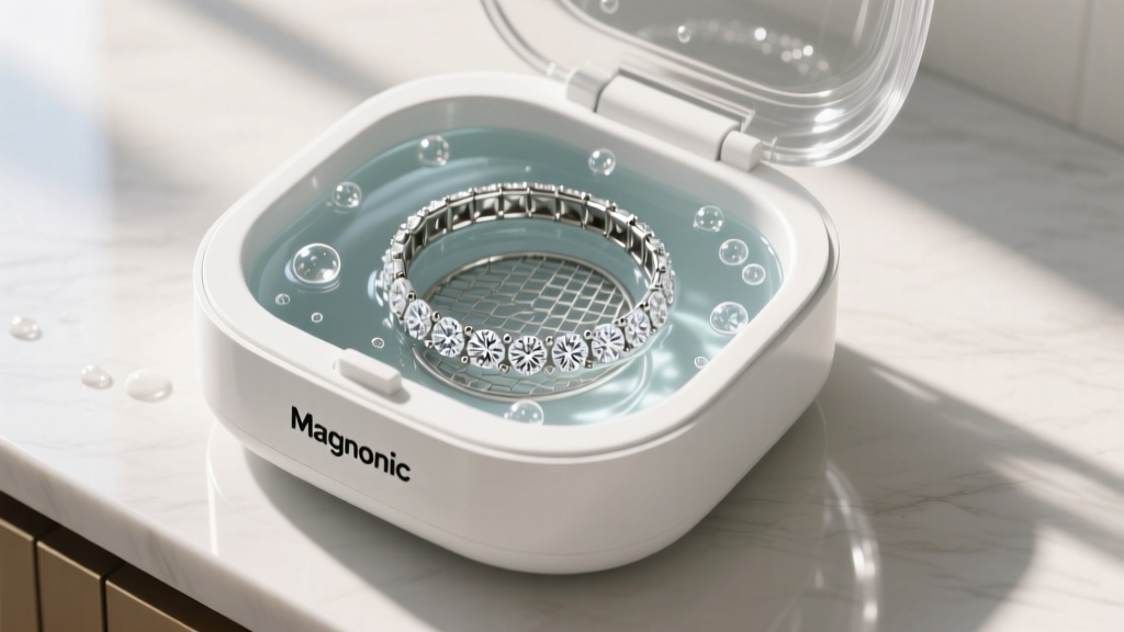 Top view of a Magnasonic Ultrasonic Jewelry Cleaner with a steel basket holding a diamond tennis bracelet in soapy water